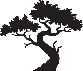 Silhouette of a twisted bonsai tree with lush foliage symbolizing nature and serenity