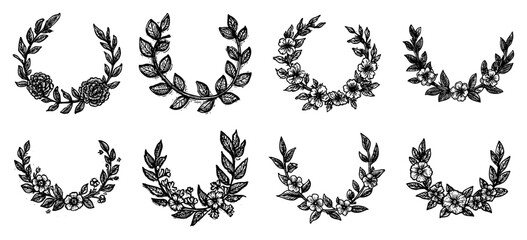 Hand drawn floral wreath and laurel collection in sketch style © Katarzyna