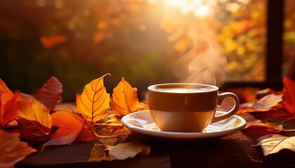 A Steaming Cup Of Coffee Sits On A Saucer Among Colorful Fallen Leaves Bathed In Warm Golden Autumn Light