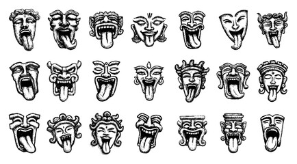 Collection of hand drawn masks with tongues out in sketch style