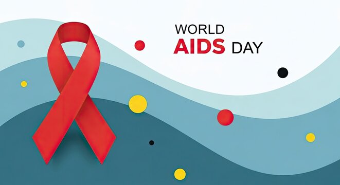 World aids day red ribbon and abstract waves background