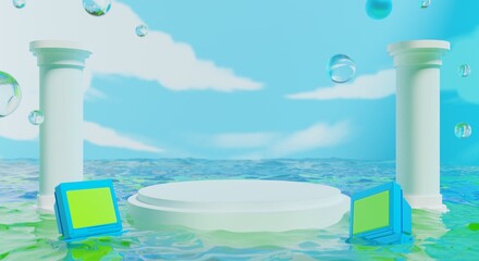 retro-future y2k 2000s frutiger aero aqua web 2.0 gloss with stage podium for product display showcase, 3d illustration rendering abstract background, technology and nature concept