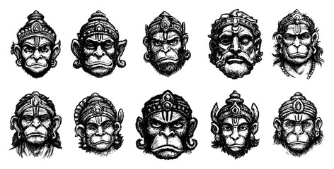 Hanuman the monkey god head collection sketch illustration