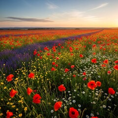 Obraz premium Vibrant Colorful Field of Flowers at Sunrise.