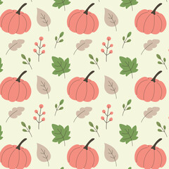Cute seamless pattern with pumpkins, leaves and berries in soft autumn colors. Cozy seasonal background for fall design and decoration.