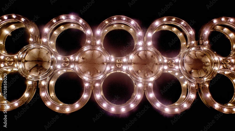 Poster decorative light installation featuring circular patterns and illuminated bulbs in a dark setting