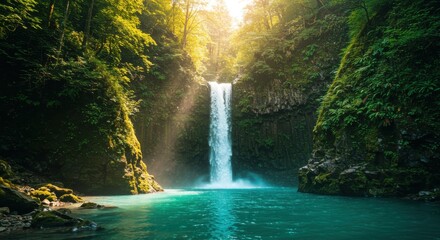 Lush greenery surrounds a vibrant waterfall cascading into a tranquil turquoise pool, bathed in the golden sunlight.