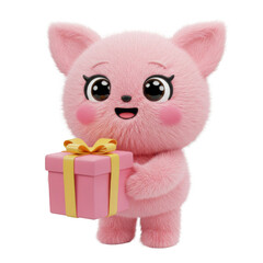 Fluffy Pink Cat Character Holding a Pink Gift Box with Gold Ribbon on Transparent Background