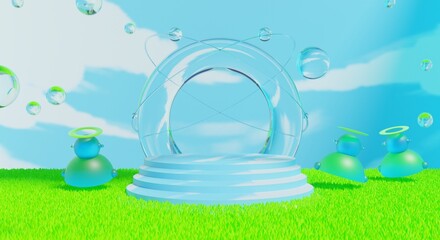 retro-future y2k 2000s frutiger aero aqua web 2.0 gloss with stage podium for product display showcase, 3d illustration rendering abstract background, technology and nature concept