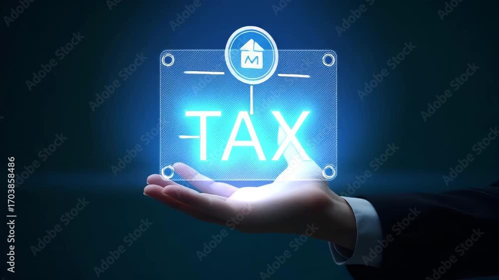 Poster hand using holographic device to compare tax software options, highlighting features and benefits, w