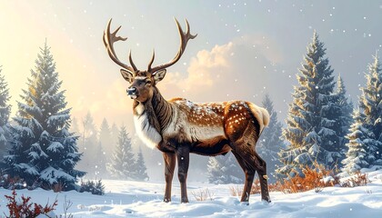Majestic deer in snowy forest