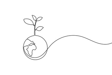 One line drawing of earth with plant sprout symbolizing eco friendly growth
