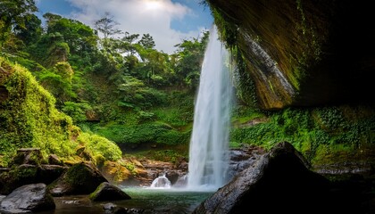 Fototapeta premium A Serene Waterfall Scene Surrounded By Lush Greenery And Rocks Under A Bright Sky