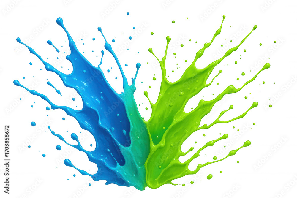 Poster blue and green paint splashing together on a transparent background, creating a vibrant and dynamic 