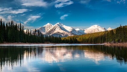 A Serene Lake Reflecting Snow Capped Mountains And A Forest Under A Partly Cloudy Blue Sky At Dusk