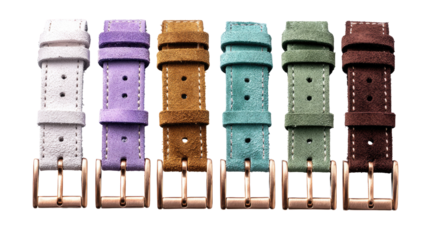 Assorted colored suede watchbands.  Different shades of pastel, earthy and neutral tones are shown.  A rose gold colored buckle is used on each strap