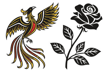 Obraz premium Stylized phoenix and rose silhouette on white background