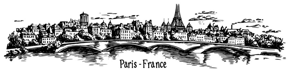 Paris France cityscape with Eiffel tower and Seine river sketch