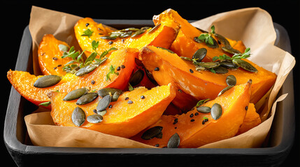 Roasted pumpkin slices, beautifully arranged with seeds and herbs, highlight the essence of healthy eating and seasonal cooking, perfect for a cozy home atmosphere