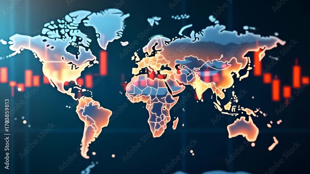 Poster double exposure of global world map on business financial stock market trading background with empty
