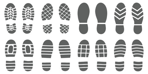 Human bare walk footprints shoes and shoe sole Kids feet vector set. Vector path icons of footprints for fitness, trekking, and navigation guides. Diverse Footprint Impressions Exploring Unique Foots