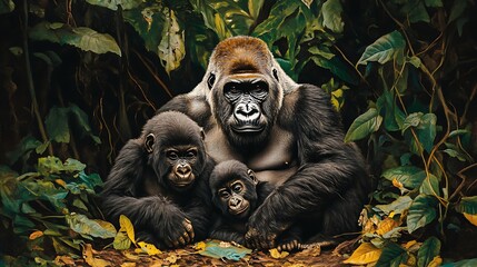 Fototapeta premium Gorilla family portrait in jungle habitat wildlife photography animal conservation primate protection art