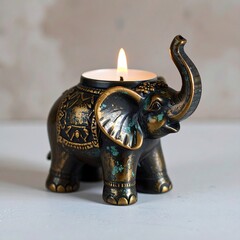 Small dark-bronze elephant candle holder with teal accents.  A tea light candle burns within