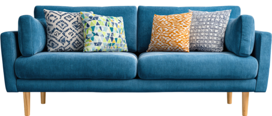 Teal sofa with patterned throw pillows