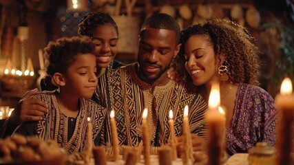 African american beautiful family celebrating Kwanzaa, gathered around kinara with candles, traditional clothing