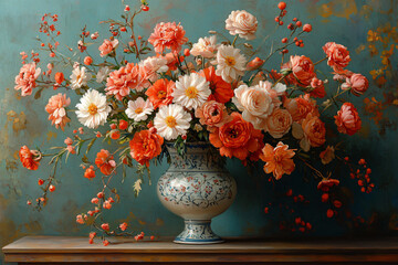 bouquet of flowers in a vintage ceramic vase on the table