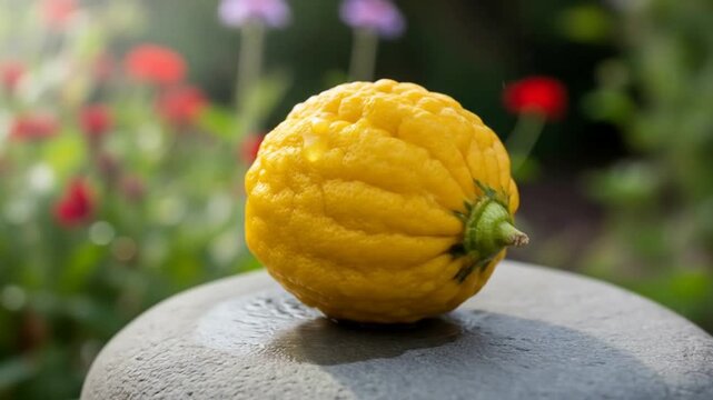 A vibrant yellow citron fruit with a textured rind rests on a wet stone surface, with a blurred garden of green foliage and colorful flowers in the background.