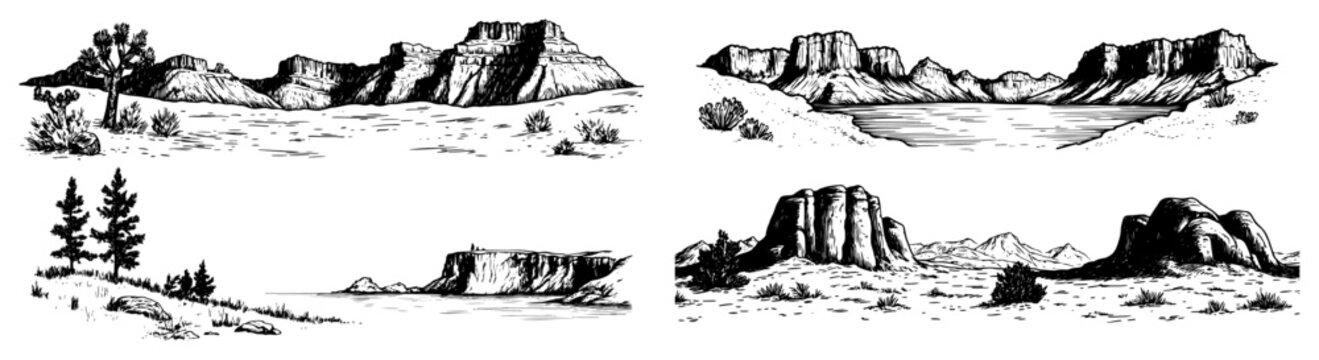 Desert canyon and mesa panoramic landscapes line art vector