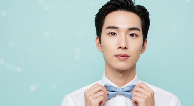Young Asian man adjusting bow tie and smiling against blue background