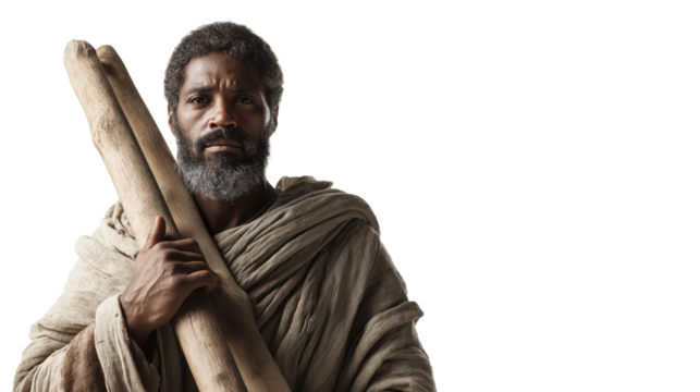 Andrew the Apostle full body on transparent background, calm biblical disciple holding cross symbol, isolated New Testament character PNG.