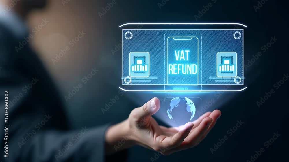 Poster hand operating holographic device displaying vat refund application with empty space background conc
