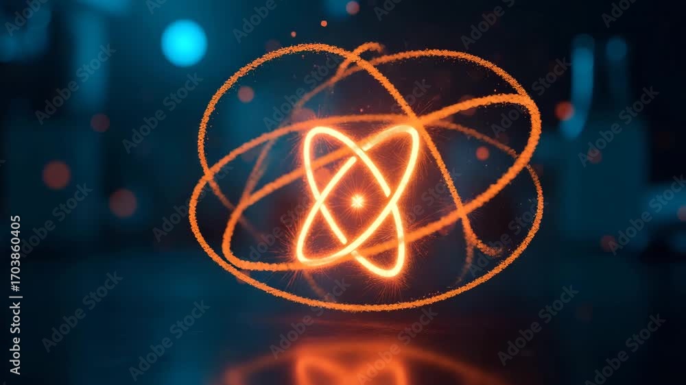 Poster glowing atomic symbol with swirling light particles in dark science lab: a stunning representation o