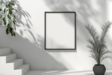 Minimalist interior with empty frame and plants