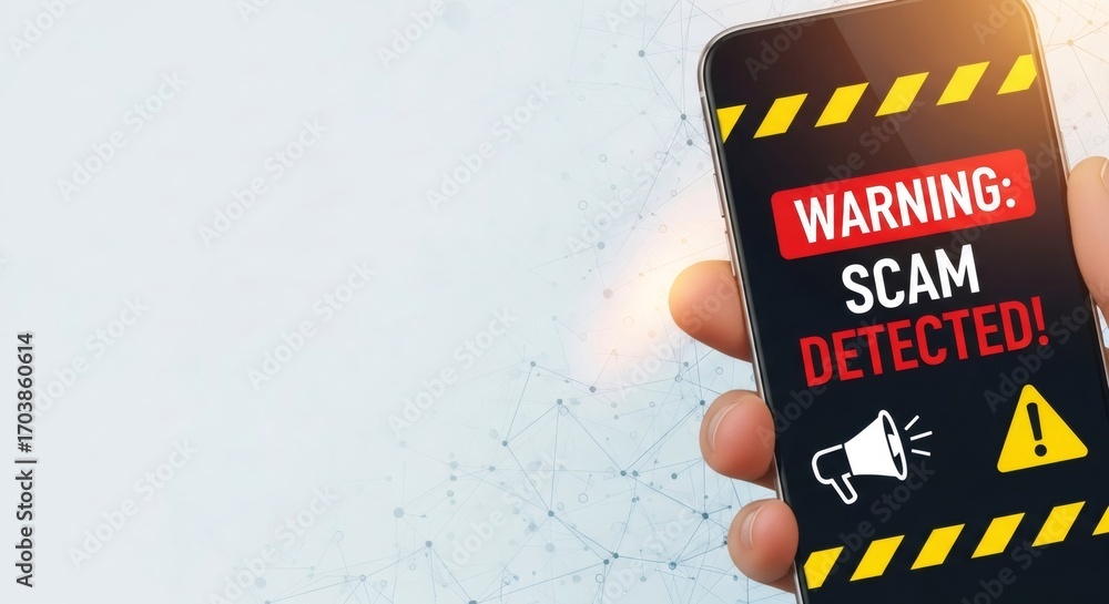 Poster man holding smartphone with a warning message 