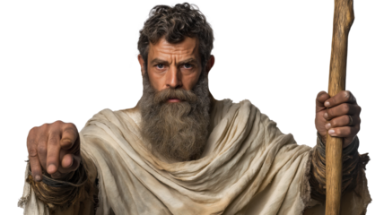 Simon Peter full body on transparent background, apostle of Jesus Christ, biblical disciple standing in ancient robe, New Testament figure isolated PNG.