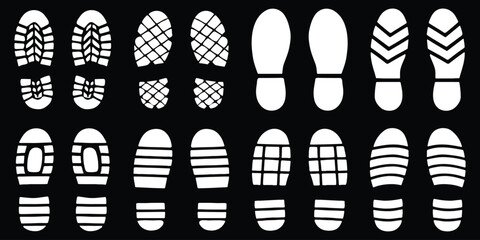 Human bare walk footprints shoes and shoe sole Kids feet vector set. Vector path icons of footprints for fitness, trekking, and navigation guides. Diverse Footprint Impressions Exploring Unique Foots