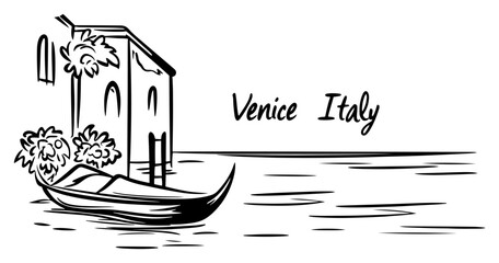 Hand drawn sketch of Venice Italy with gondola on canal © Katarzyna