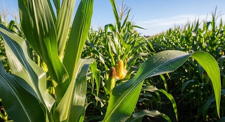 Obraz premium Vibrant Cornfield Under Blue Sky - A Summer Harvest Scene.