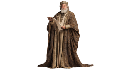 King Solomon full body on transparent background, biblical figure in royal garments with crown, Old Testament character PNG isolated for Christian and historical themes.