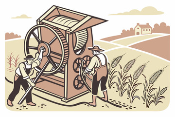 Farmers operating a threshing machine in a field with a farmhouse in the background