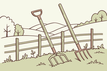 Gardening tools resting in a field with rolling hills