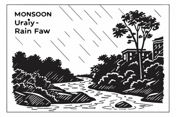 Monsoon rain falls on a lush river landscape with buildings