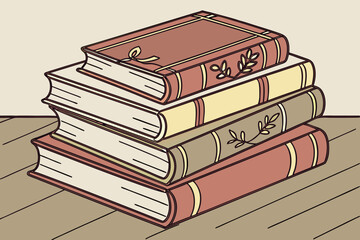 Stack of vintage books with decorative spines on a wooden table