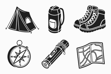 Camping and hiking gear icons for outdoor adventures