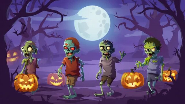 Cartoon zombies walking with pumpkins under a full moon in a spooky halloween night scene halloween green screen video