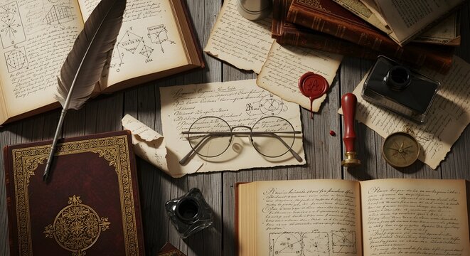 Flat lay of vintage books, eyeglasses, and handwritten philosophy notes.